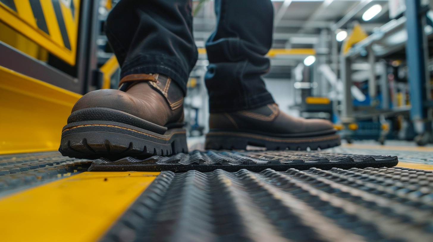 Cross-section view of anti-fatigue mat thickness at an industrial workstation