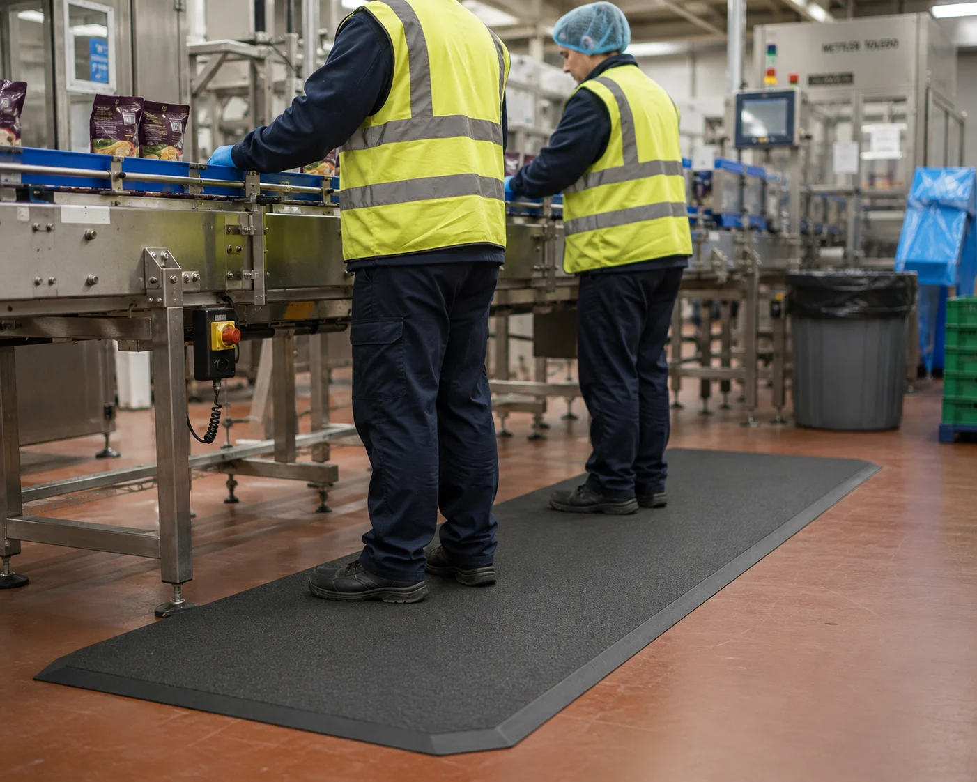 Operators standing on anti-fatigue matting at a packing line conveyor in a UK food production facility