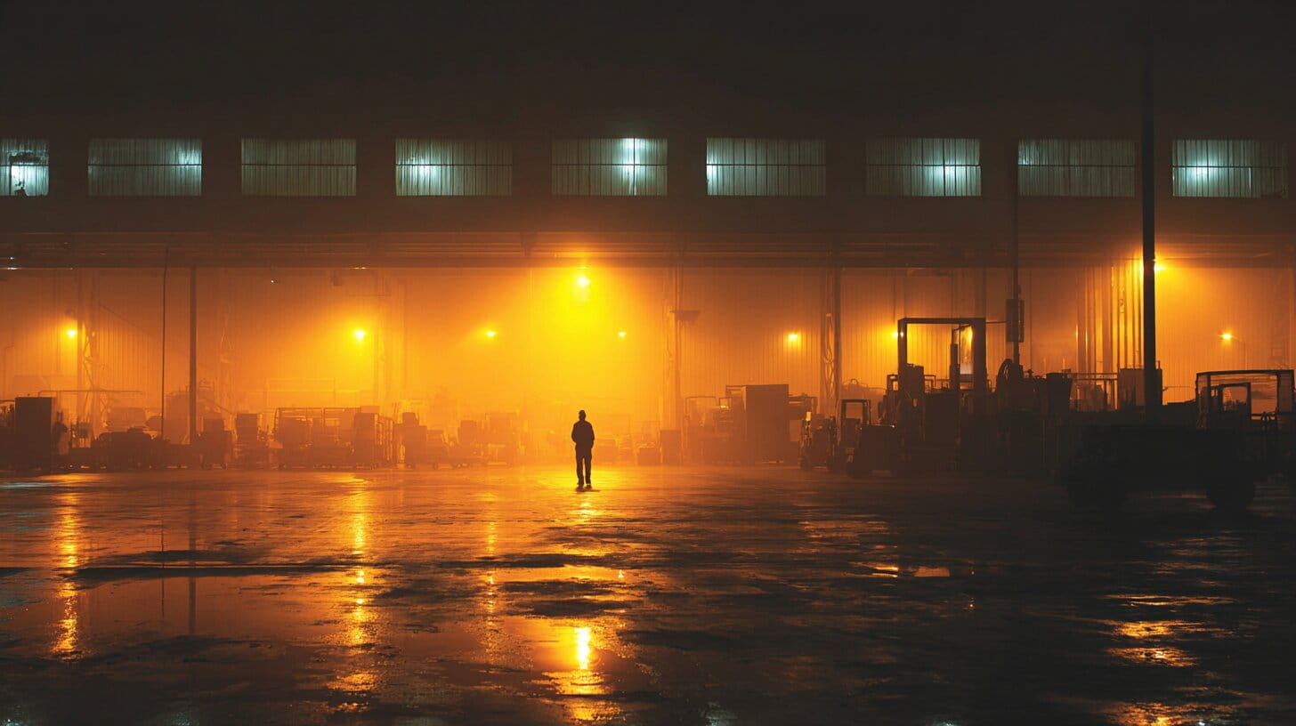 Factory worker standing at a production line workstation with industrial lighting overhead