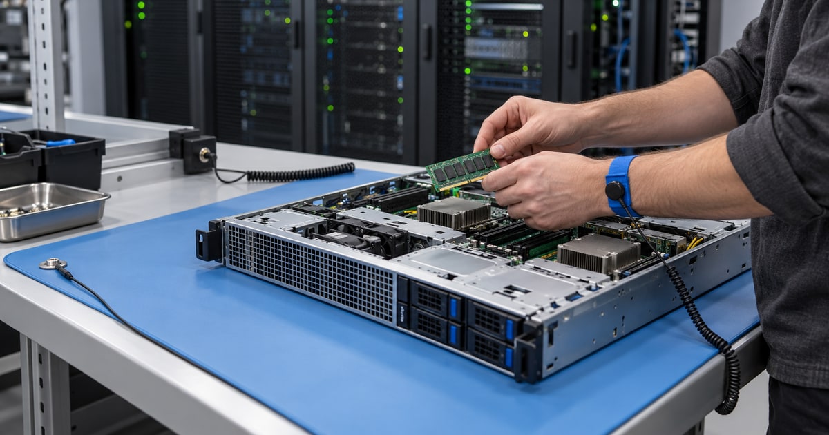 Technician wearing a blue wrist strap handling server memory above an open chassis on a blue bench mat, with server racks behind.