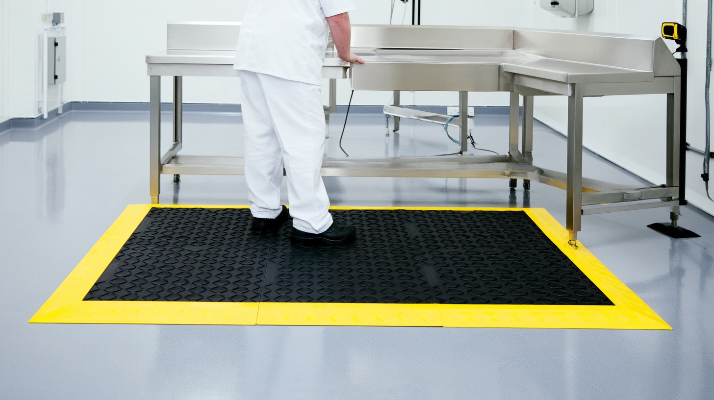 Food production worker standing on black antimicrobial modular matting with yellow safety edging