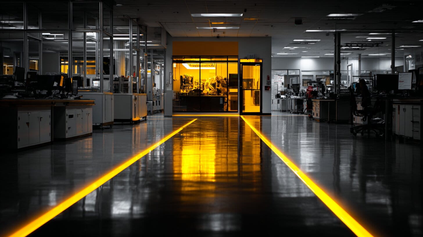 Dark electronics cleanroom with black rubber floor tiles and yellow accent lighting
