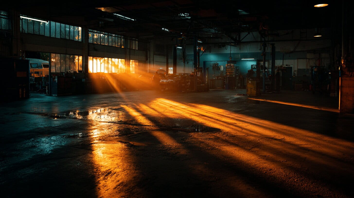 Dark industrial automotive workshop with dramatic yellow lighting illuminating wet floor