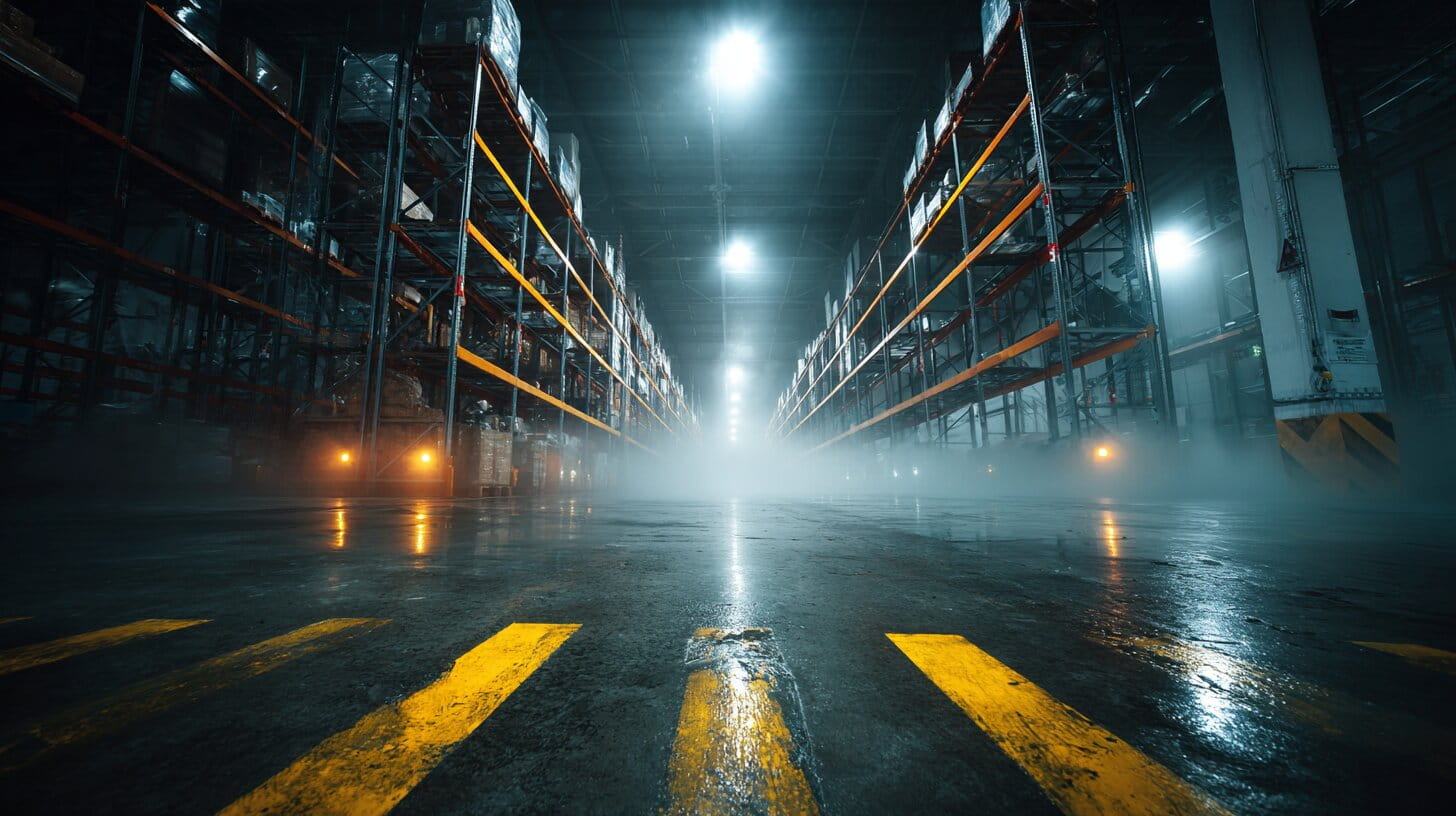 Dark industrial cold storage warehouse with yellow safety floor markings glowing through atmospheric mist