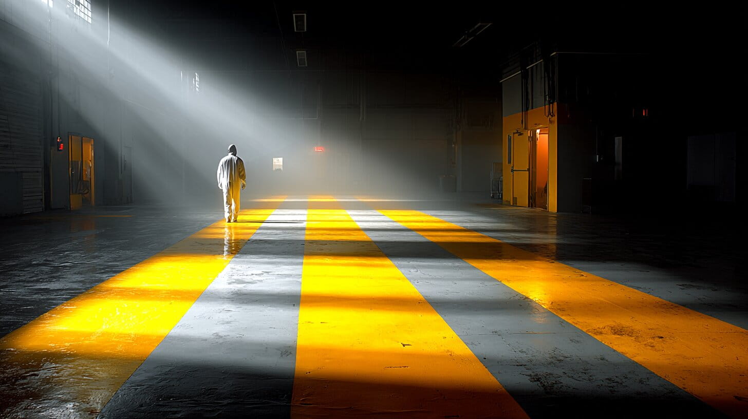 Worker in protective clothing walking through a cleanroom corridor with yellow safety markings