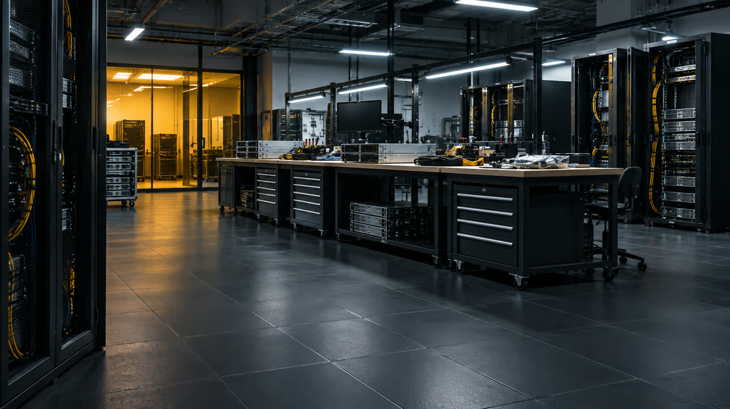 A data centre equipment build room with open server racks, server hardware on a long workbench and dark modular floor tiles.