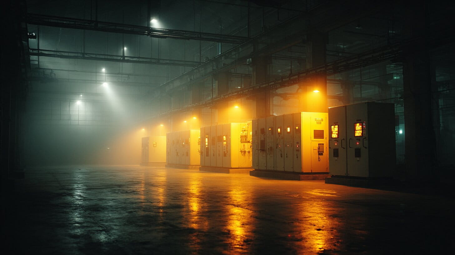 Electrical substation with high voltage switchgear panels and yellow safety lighting