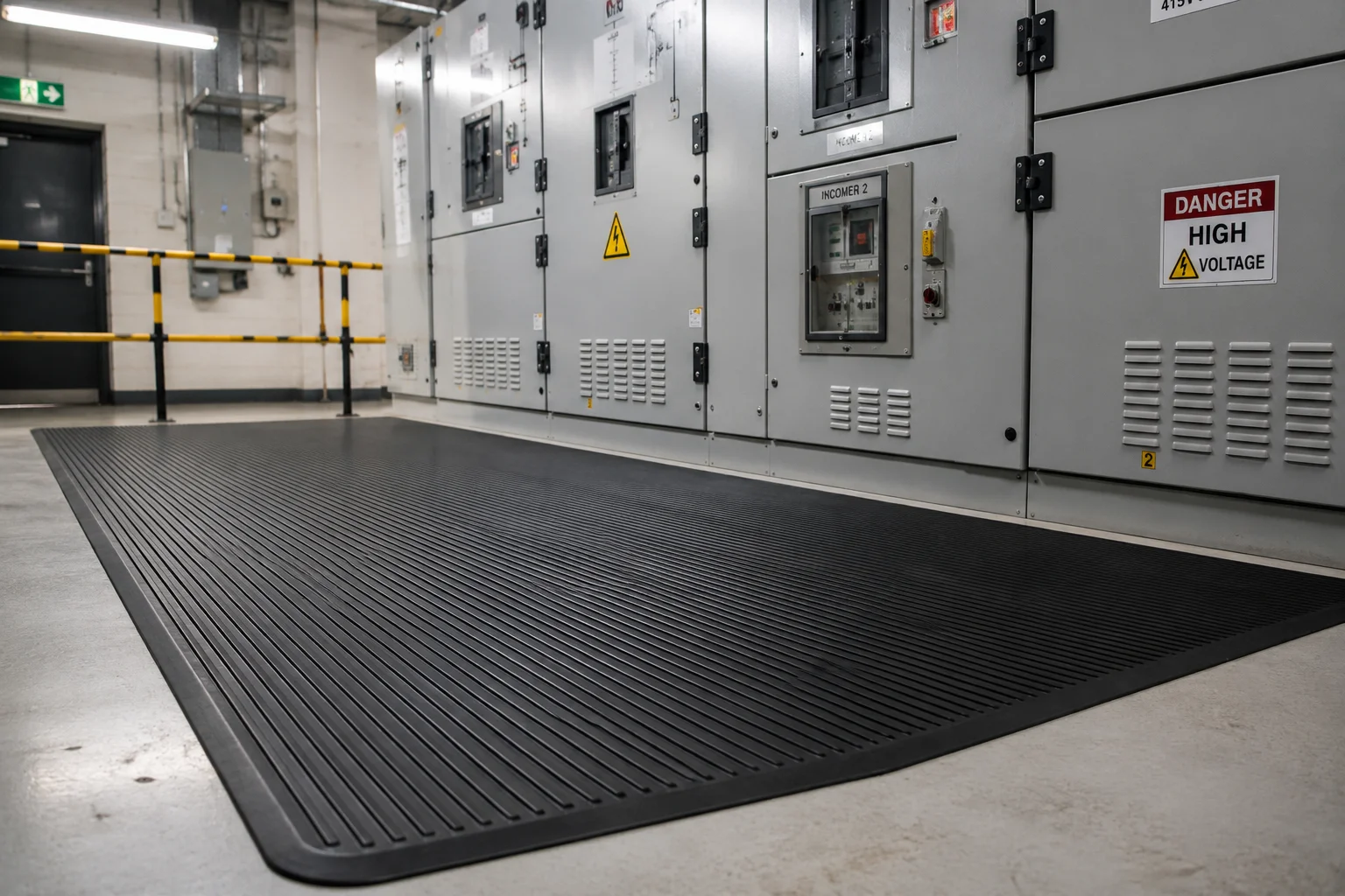 Ribbed electrical insulating mat laid in front of high-voltage switchgear in an industrial switchroom