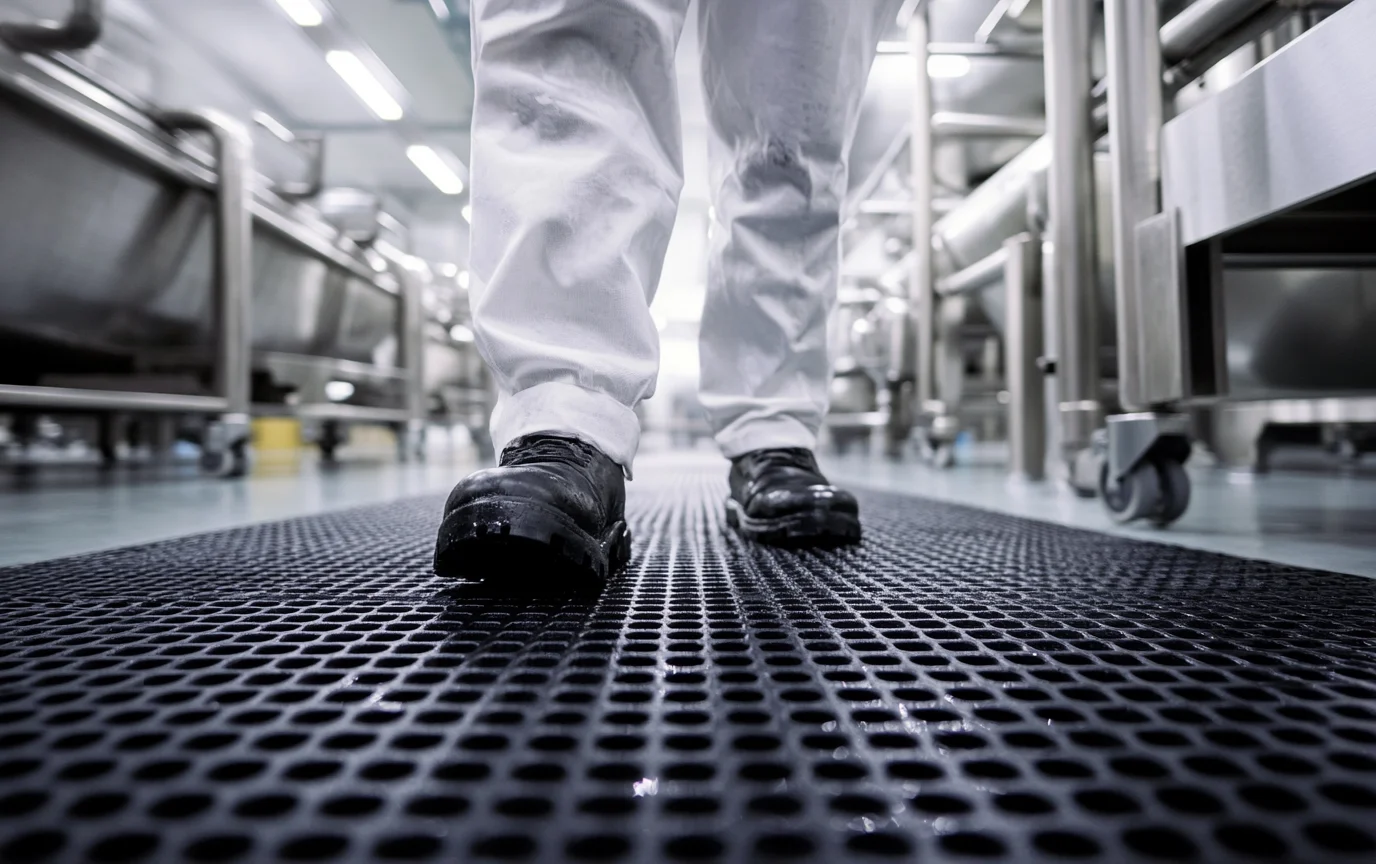 Food production operative standing on HACCP-compliant drainage matting in a wet-process area of a UK food factory