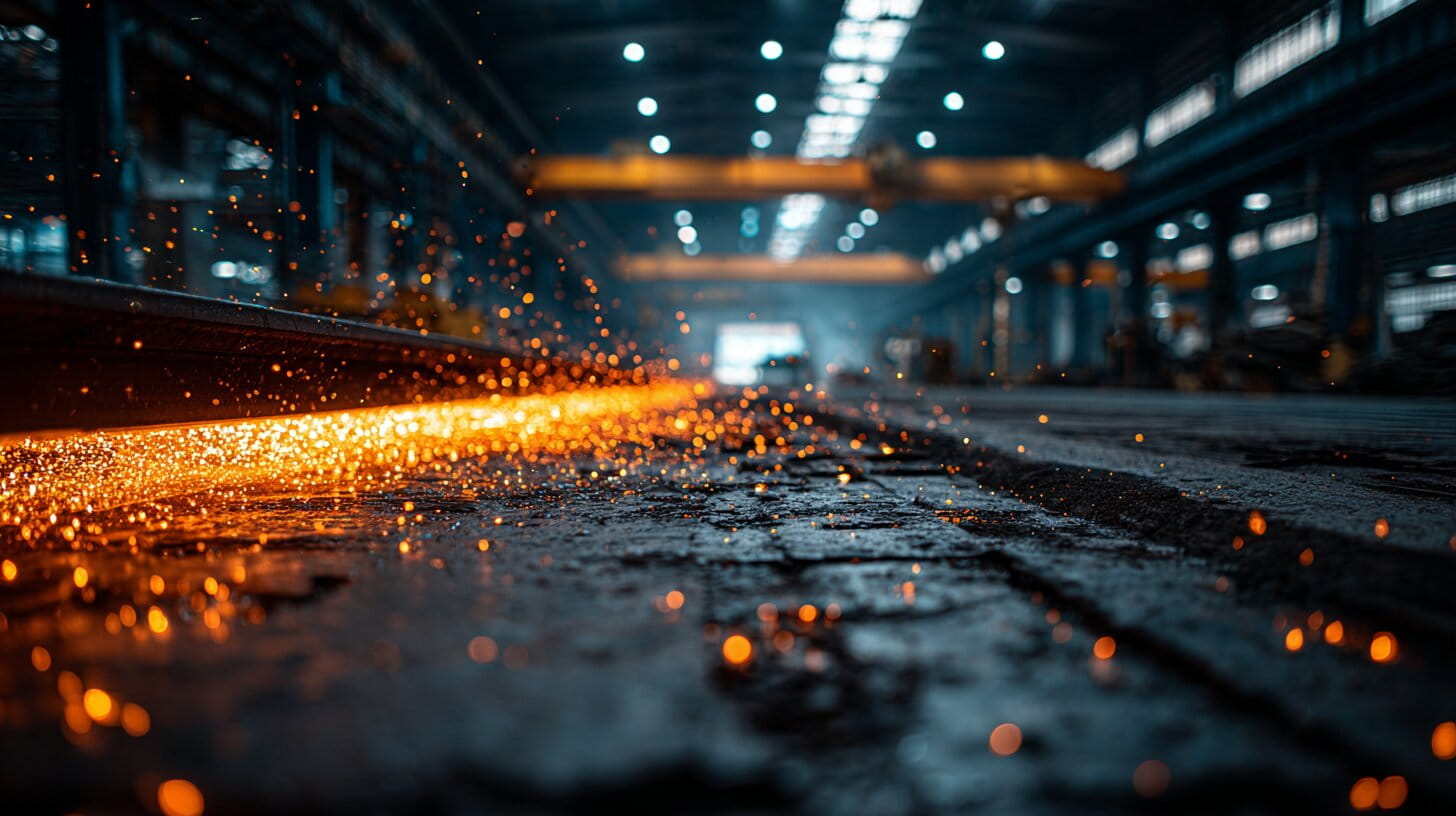 Welding sparks over black fire-resistant floor panels in dark workshop