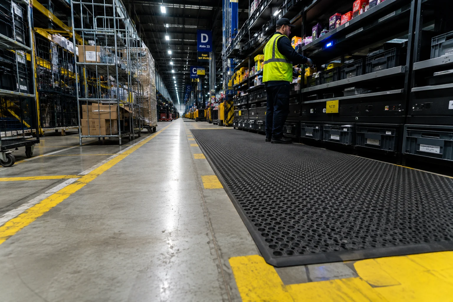 Heavy-duty industrial matting installed along a logistics warehouse pick face aisle under bright LED lighting during a night shift