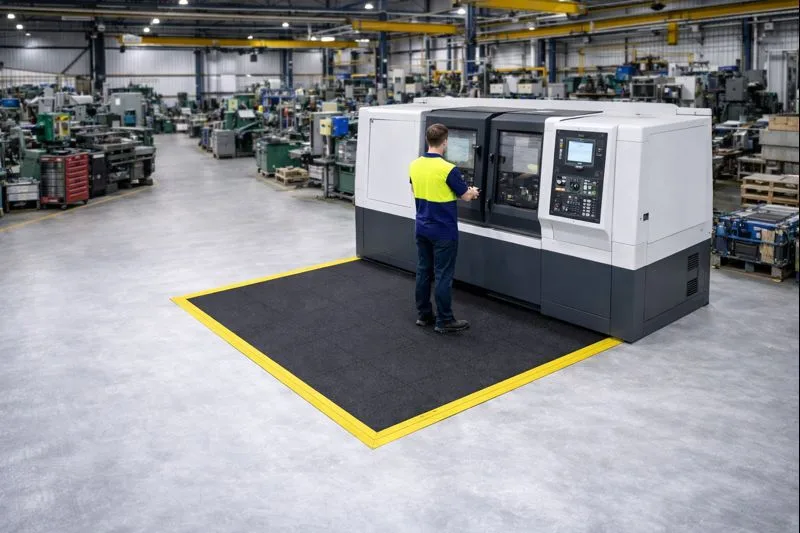 M-Lock Pro oil-resistant tiles at an industrial machining workstation