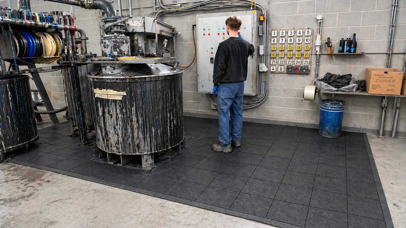 M-Lock Pro anti-fatigue tiles covering a large industrial standing zone