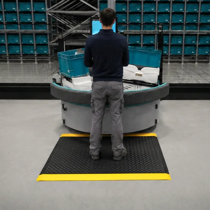 M2 black and yellow anti-fatigue mat at an automated picking station