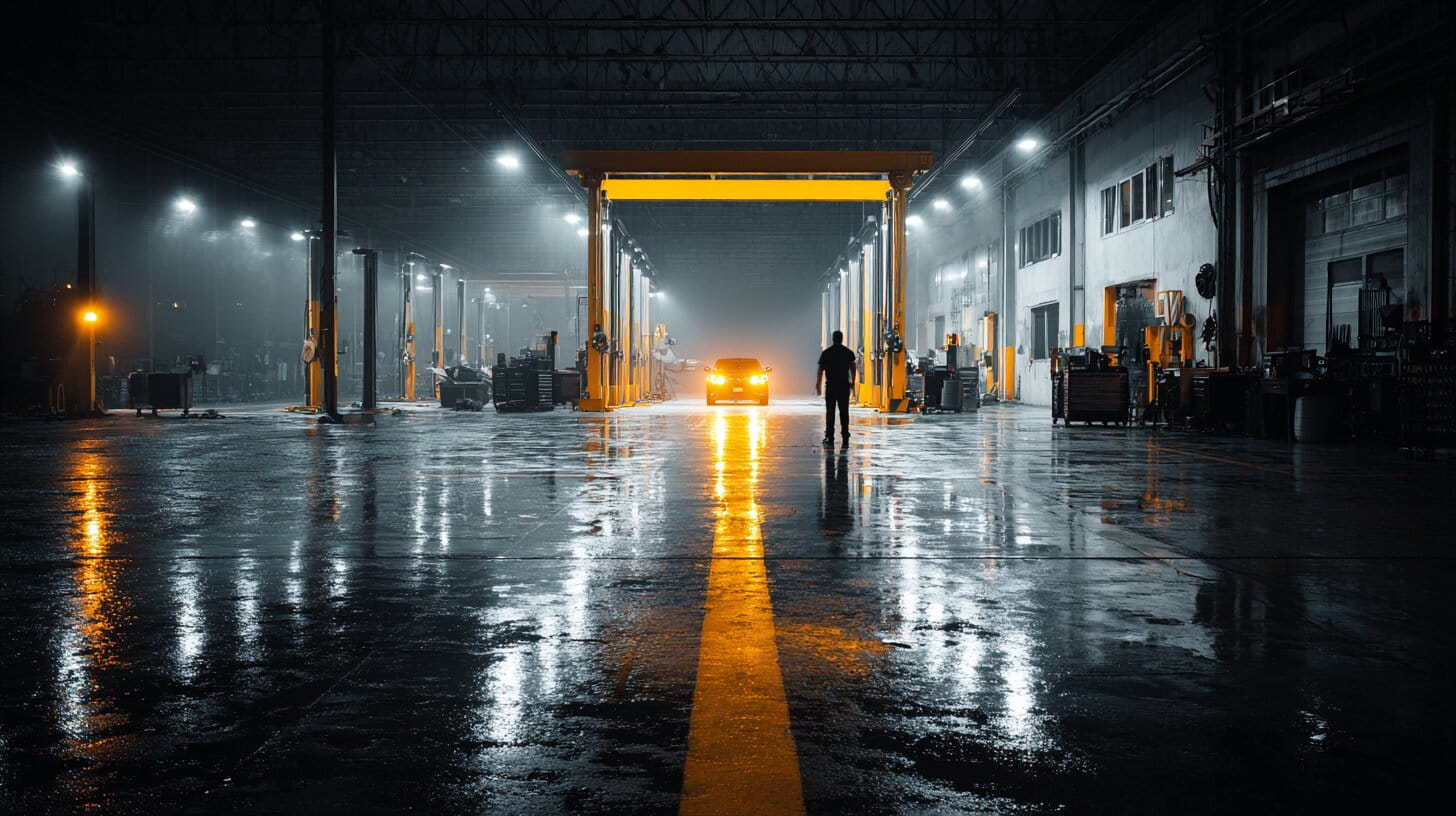Dark industrial workshop interior with yellow safety lighting illuminating the floor area