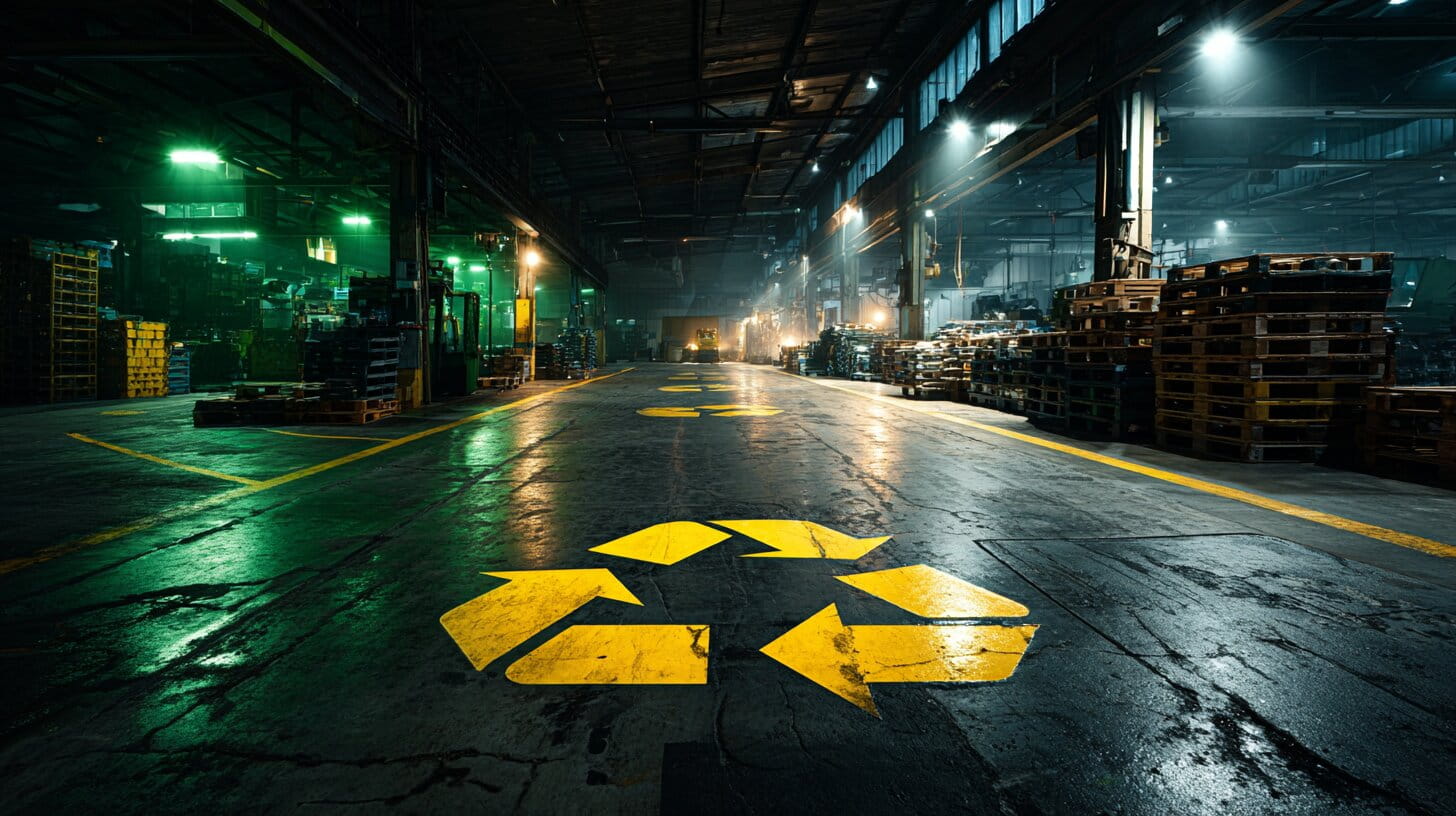 Dark industrial warehouse with glowing yellow recycling floor markings representing sustainable UK manufacturing