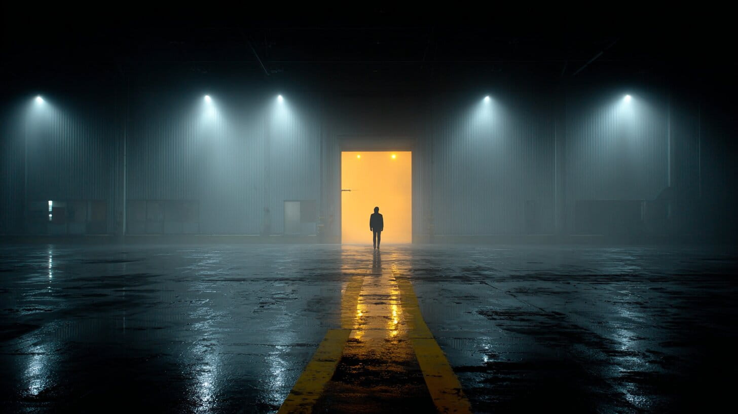 Dramatic industrial warehouse entrance with yellow safety markings and atmospheric lighting